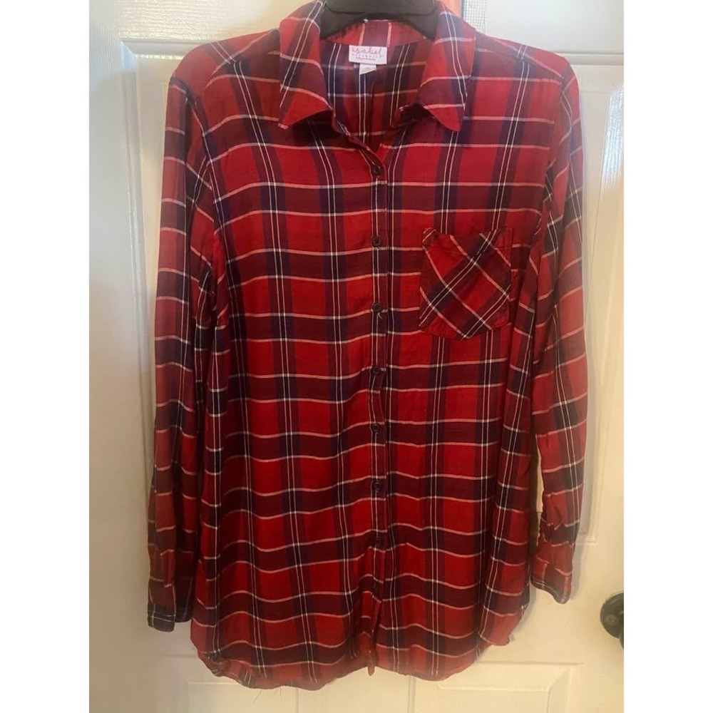 Isabel Maternity Red Plaid Button Down Shirt Long Sleeve Sz M